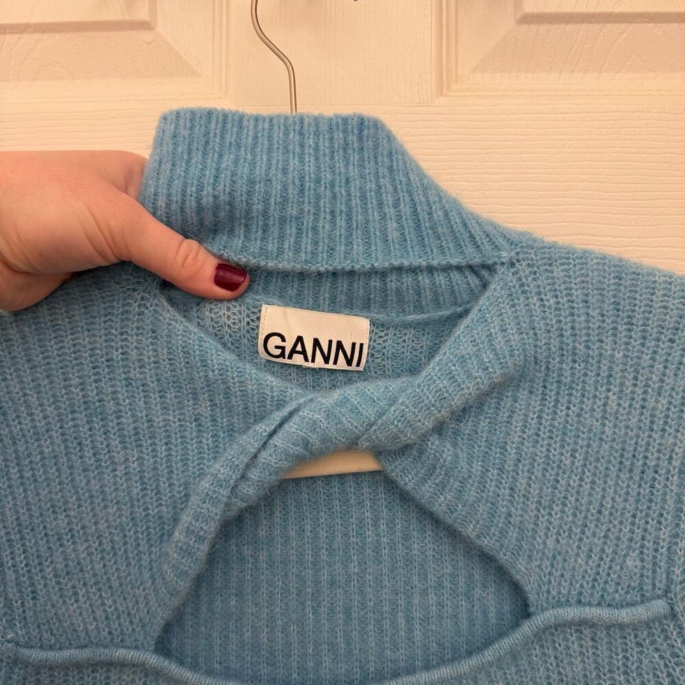 GANNI Cutout Twist Front Ribbed Sweater Size XS Bachelor Blue Alpaca Blend - Picture 3 of 6